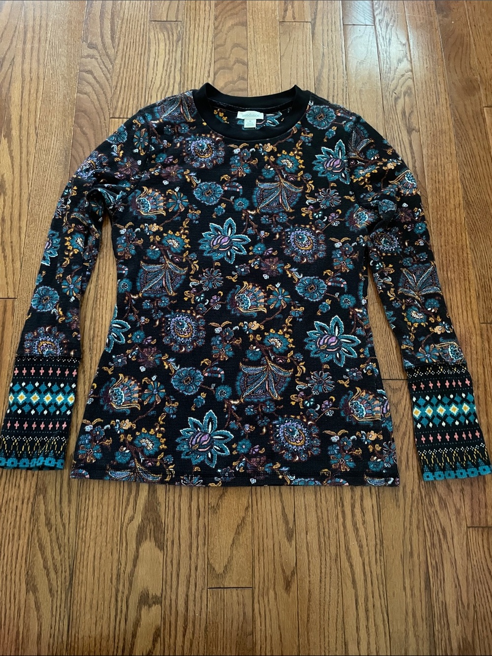Sundance Dark Blue Floral Print Waffle Knit Thermal Shirt Women’s Sz Medium